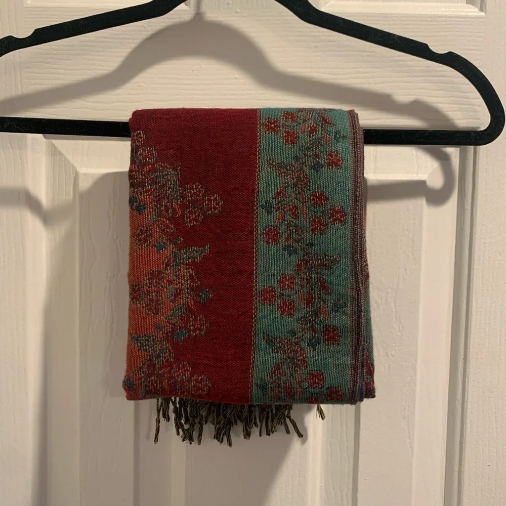 Women’s Paisley Fringed Burgundy and Green Scarf Shawl Wrap